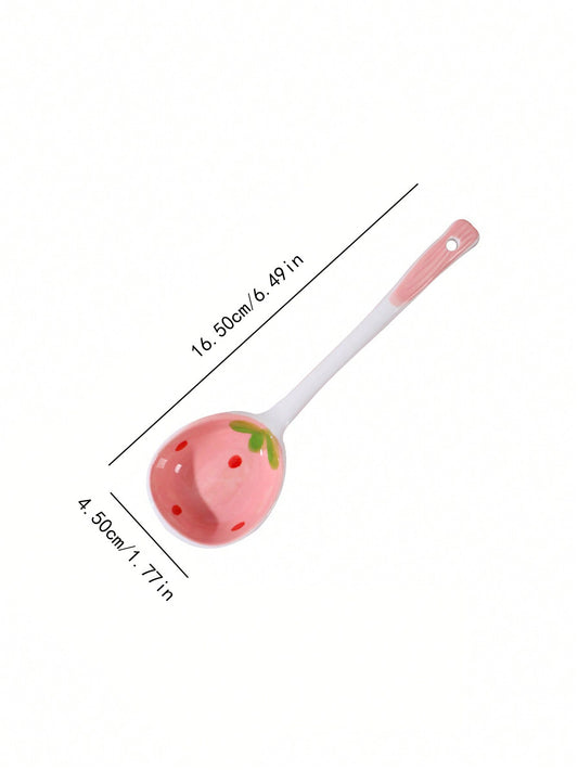 2Pcs/4Pcs/6Pcs Ceramic Strawberry Pattern Long Handle Soup Spoon, Table Spoon, Dessert Spoon, Pink Series, Home Use