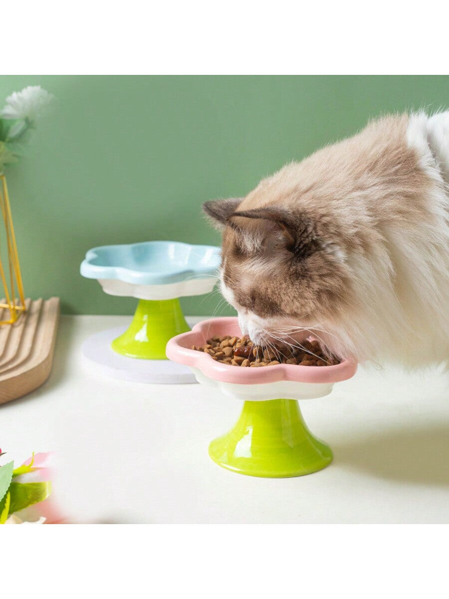 Ceramic Cat Bowl with Flower Design, Elevated to Protect Cat'S Neck, Suitable for Dry and Wet Pet Food, One Piece, Random Color