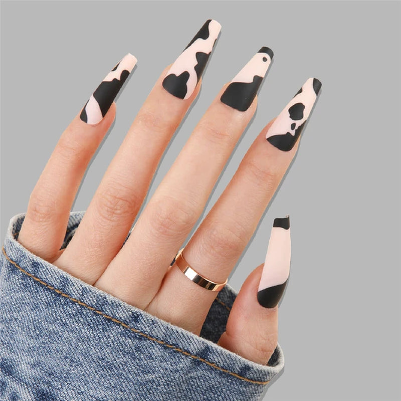 24Pcs/Box French Coffin False Nail Patches Press on Nails Ballerina Fake Nails with Flower Design Detachable Manicure Nail Tips