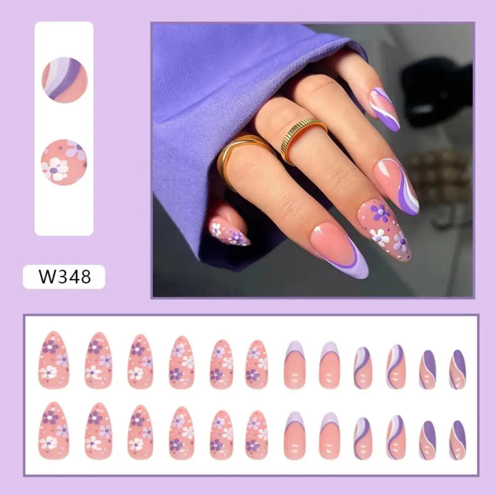 24Pcs Stiletto False Nails with Rhinestone Decorated Wearable French Fake Nails Press on Nails Flower Print Design Manicure Tip