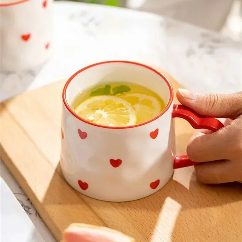 Cute INS Style Ceramic Mug Creative Hand-Painted Love Heart Coffee Cup Couples Cup Breakfast Milk Tea Mug Valentine'S Day Gift
