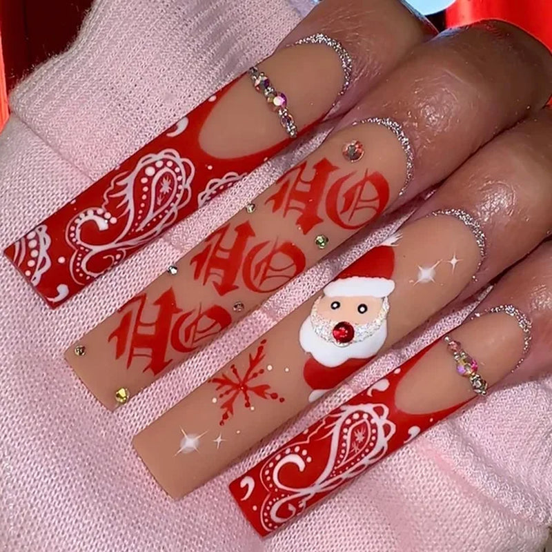Christmas Long False Nails Snowflake Design Shiny French Fake Nails with Diamond Xmas Full Cover Press on Nails Manicure Tips