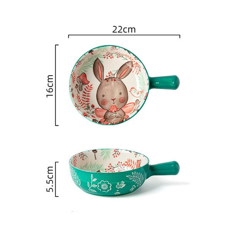 1Pc Japanese Cute Rabbit Double Handle Ceramic Plate Home Kitchen Restaurant Tableware Rice Soup Bowl Christmas Items Gifts