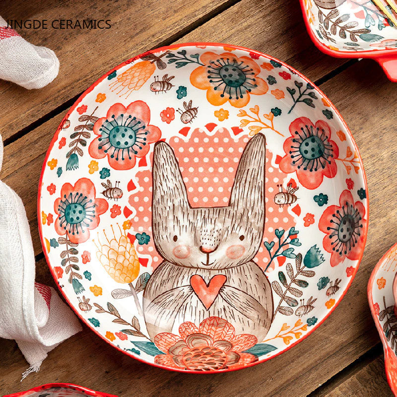1Pc Japanese Cute Animal Double Handle Ceramic Plate Home Kitchen Restaurant Tableware Rice Soup Bowl Dinner Cake Salad Dish