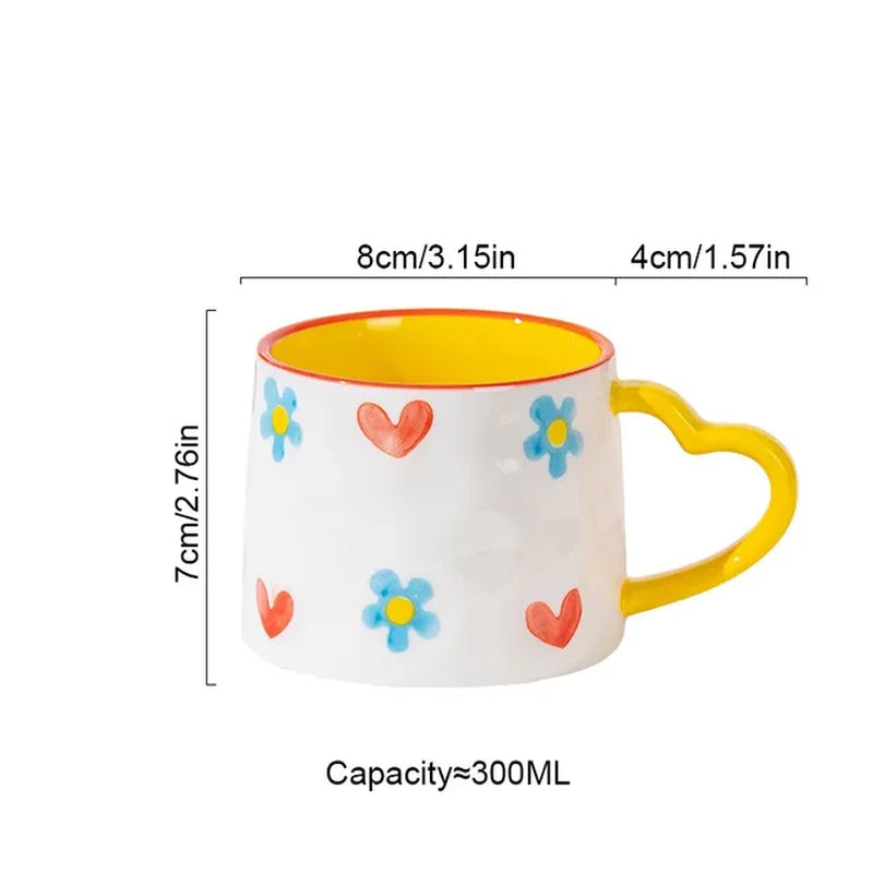 Cute INS Style Ceramic Mug Creative Hand-Painted Love Heart Coffee Cup Couples Cup Breakfast Milk Tea Mug Valentine'S Day Gift