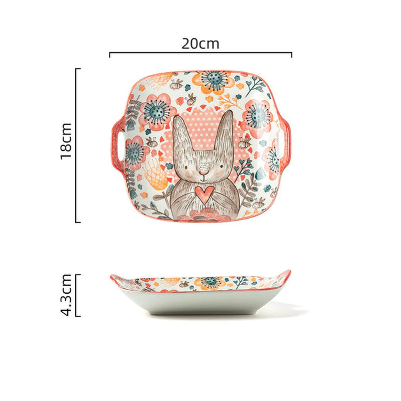 1Pc Japanese Cute Animal Double Handle Ceramic Plate Home Kitchen Restaurant Tableware Rice Soup Bowl Dinner Cake Salad Dish