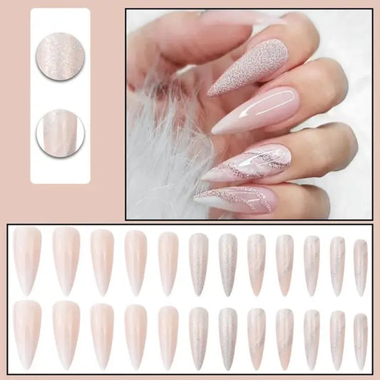 24Pcs/Box French Stiletto False Nails with Lattice Design Detachable Almond Fake Nail Press on Nails Full Cover Manicure Patches