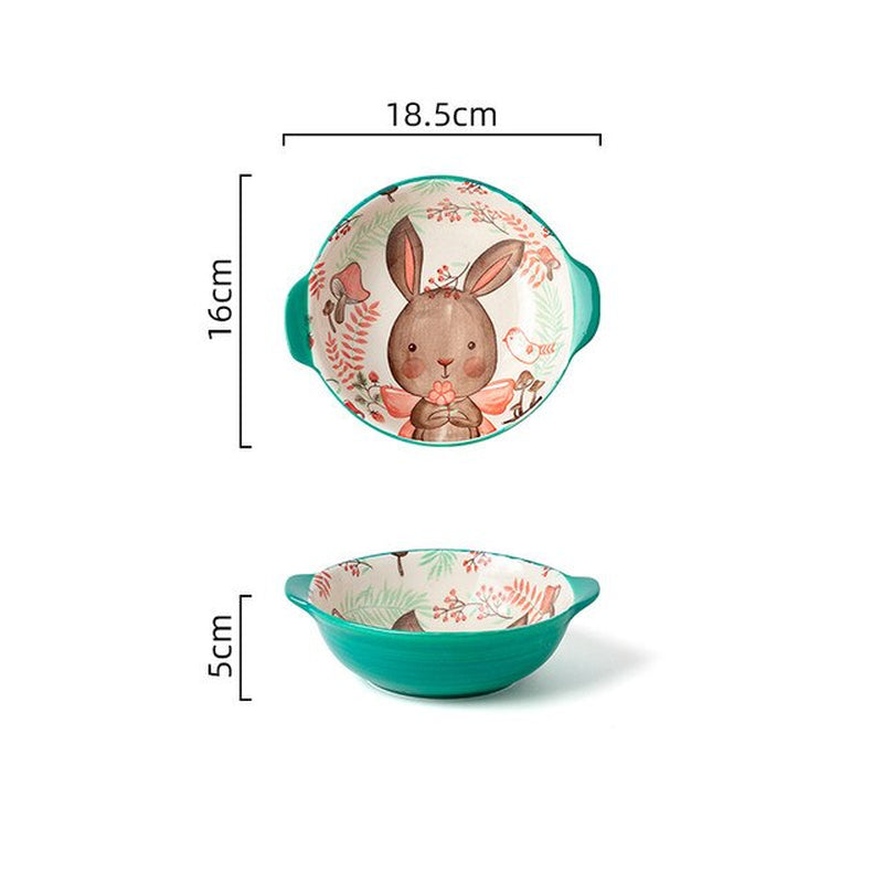 1Pc Japanese Cute Rabbit Double Handle Ceramic Plate Home Kitchen Restaurant Tableware Rice Soup Bowl Christmas Items Gifts